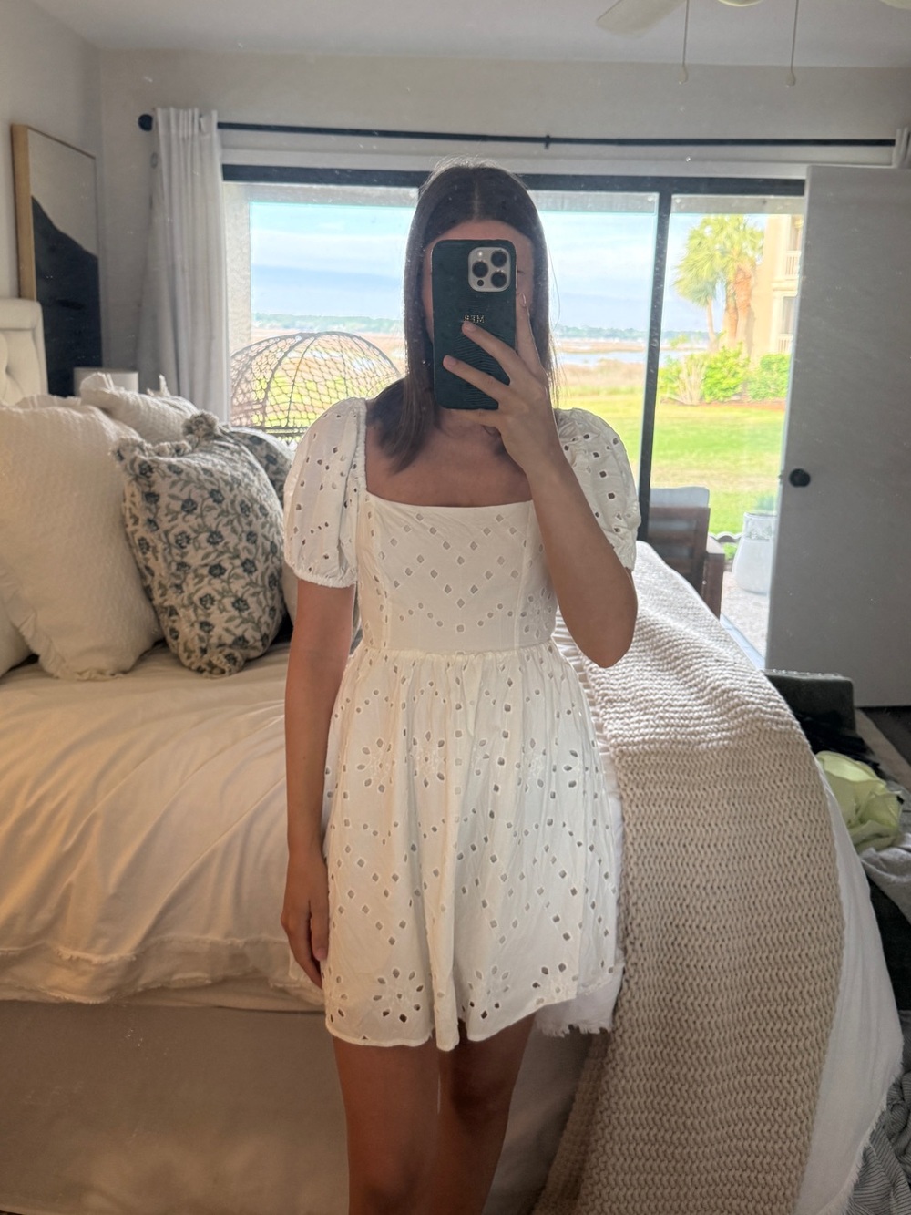 Zara White Eyelet Square-Neck Puff-Sleeve Mini Dress
